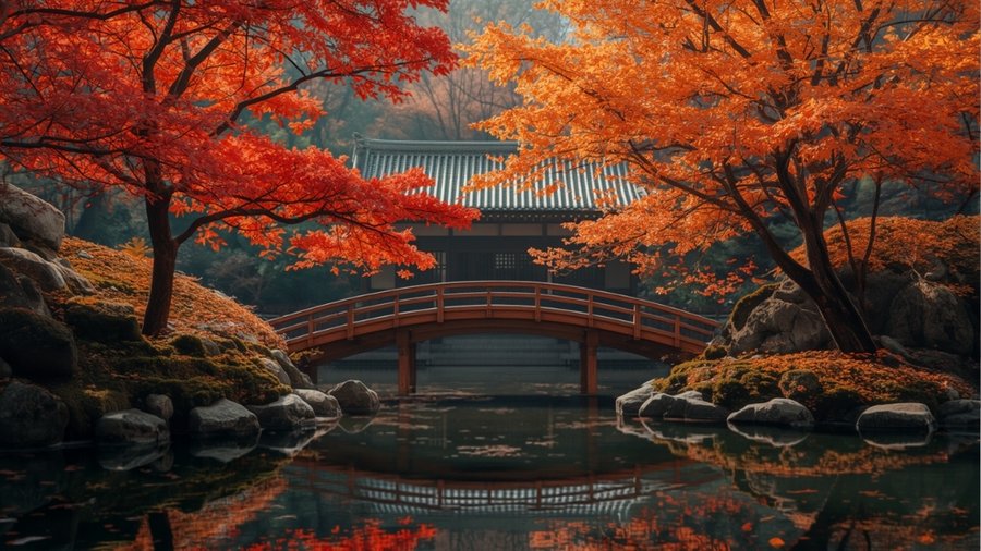 紅葉に彩られた日本庭園と五重塔の風景