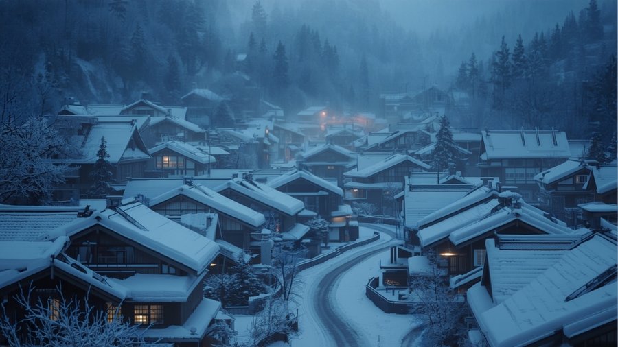 雪に包まれた冬の温泉街の夜景